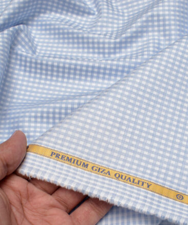 Soktas Men's  Giza Cotton Checks  Unstitched Shirting Fabric (Sky Blue)