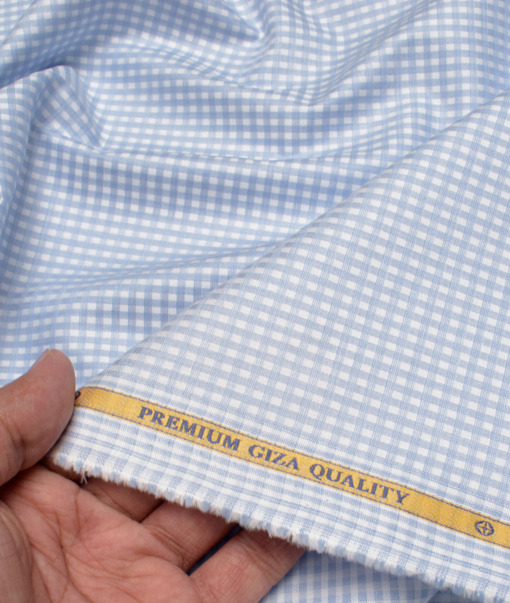 Soktas Men's  Giza Cotton Checks  Unstitched Shirting Fabric (Sky Blue)