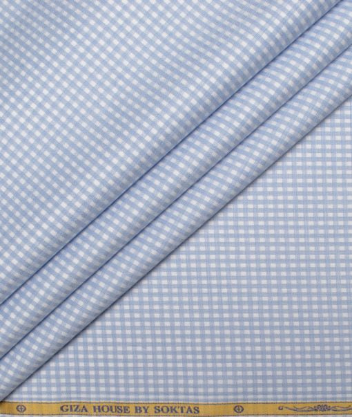 Soktas Men's  Giza Cotton Checks  Unstitched Shirting Fabric (Sky Blue)