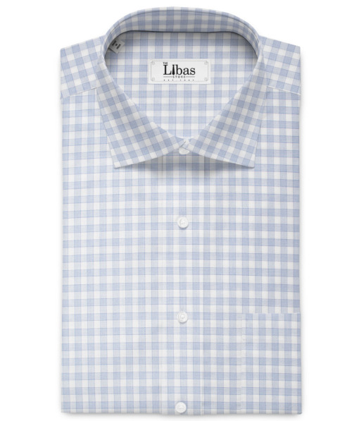 Soktas Men's  Giza Cotton Checks  Unstitched Shirting Fabric (White & Sky Blue)