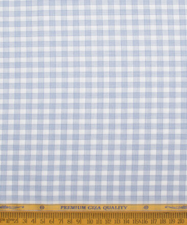 Soktas Men's  Giza Cotton Checks  Unstitched Shirting Fabric (White & Sky Blue)