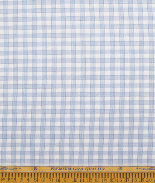 Soktas Men's  Giza Cotton Checks  Unstitched Shirting Fabric (White & Sky Blue)