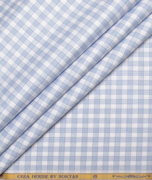 Soktas Men's  Giza Cotton Checks  Unstitched Shirting Fabric (White & Sky Blue)