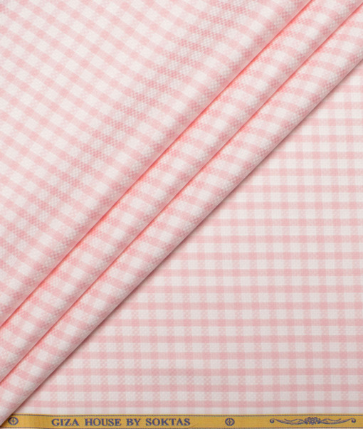 Soktas Men's 80/2 Giza Cotton Checks  Unstitched Shirting Fabric (White & Pink)