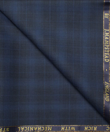 J.Hampstead Men's 60% Wool Super 140's Checks Unstitched Trouser Fabric (Dark Blue base with Royal Blue Checks)