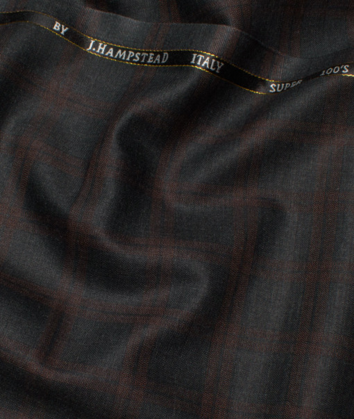 J.Hampstead Italy Men's 20% Wool Super 100's Checks  Unstitched Suiting Fabric (Dark Grey).