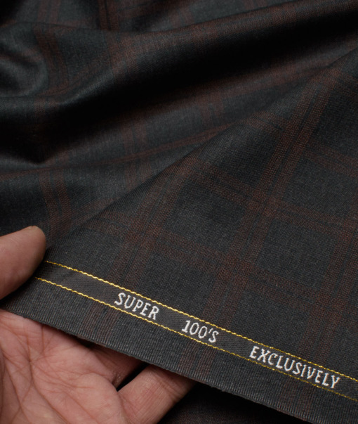 J.Hampstead Italy Men's 20% Wool Super 100's Checks  Unstitched Suiting Fabric (Dark Grey).