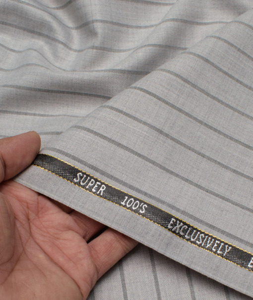 J.Hampstead Italy Men's 20% Wool Super 100's Striped  Unstitched Suiting Fabric (Light Grey).