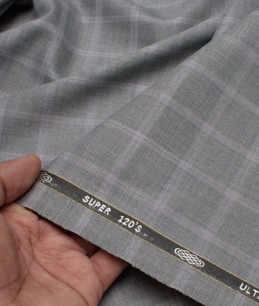 Luigi Bernardo Italy Men's 35% Wool Super 120's Checks  Unstitched Suiting Fabric (Light Grey).