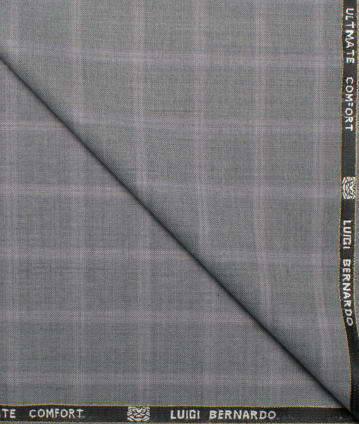 Luigi Bernardo Italy Men's 35% Wool Super 120's Checks  Unstitched Suiting Fabric (Light Grey).