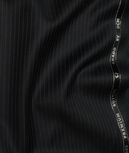 OCM Men's 35% Wool Super 90's Striped  Unstitched Suiting Fabric (Black).