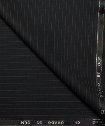 OCM Men's 35% Wool Super 90's Striped  Unstitched Suiting Fabric (Black).