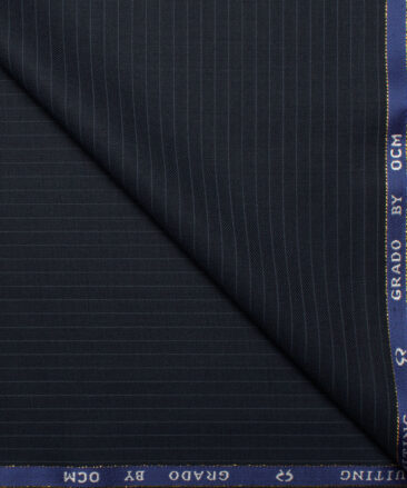 OCM Men's 35% Wool Super 90's Striped  Unstitched Suiting Fabric (Dark Blue).