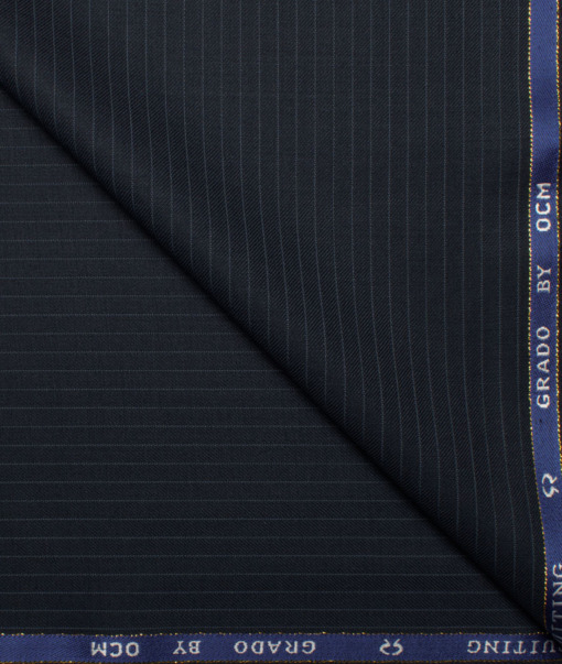 OCM Men's 35% Wool Super 90's Striped  Unstitched Suiting Fabric (Dark Blue).