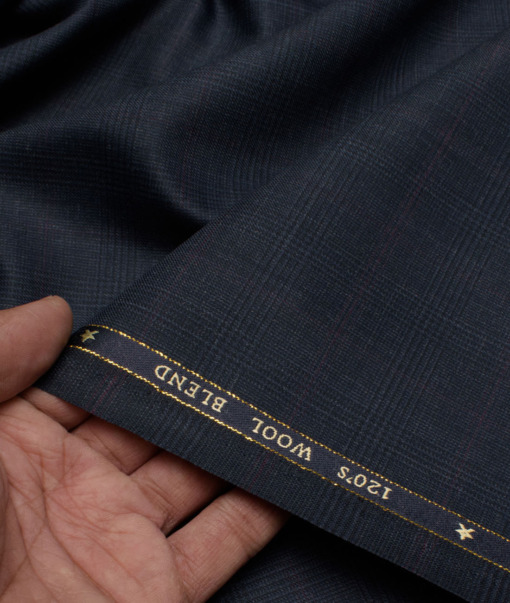 OCM Men's 25% Wool Super 120's Checks  Unstitched Suiting Fabric (Dark Blue).