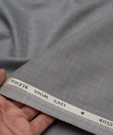 OCM Men's 25% Wool Super 120's Checks  Unstitched Suiting Fabric (Light Grey).