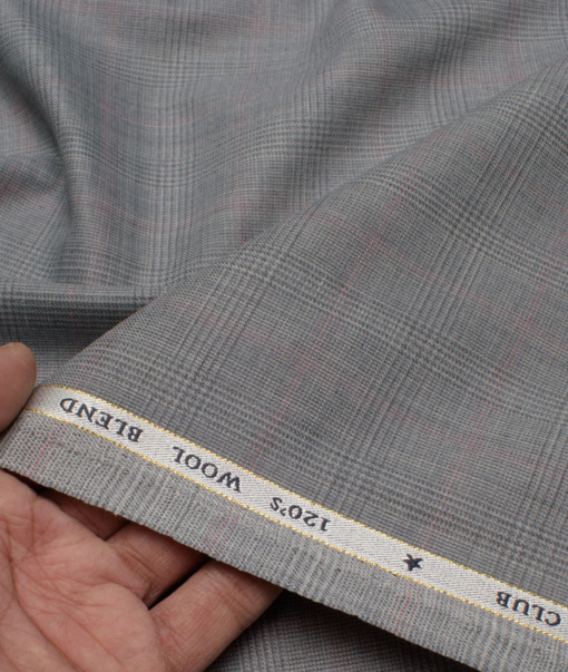 OCM Men's 25% Wool Super 120's Checks  Unstitched Suiting Fabric (Light Grey).