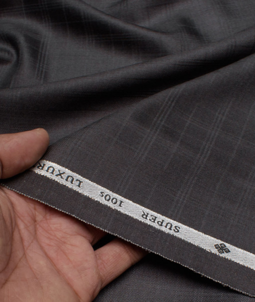 OCM Men's 40% Wool Super 100's Checks  Unstitched Suiting Fabric (Dark Lead Grey).