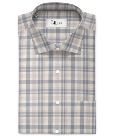 Luthai Men's  Giza Cotton Checks  Unstitched Shirting Fabric (Cream & Grey)