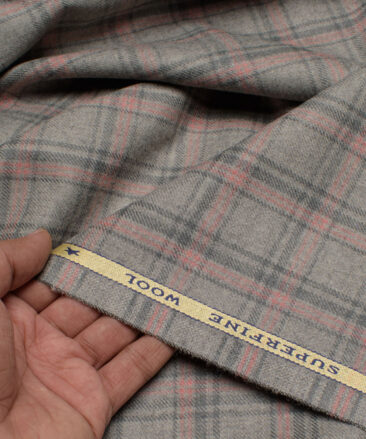 OCM Men's 60% Wool  Checks  Unstitched Tweed Fabric for Jacket & Blazer  (Light Grey)