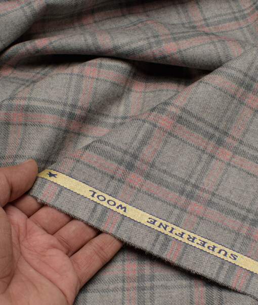 OCM Men's 60% Wool  Checks  Unstitched Tweed Fabric for Jacket & Blazer  (Light Grey)