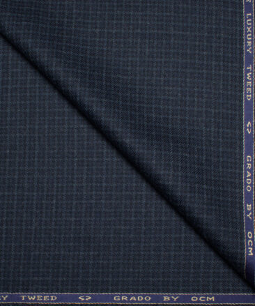 OCM Men's 60% Wool  Checks  Unstitched Tweed Fabric for Jacket & Blazer  (Dark Royal Blue)