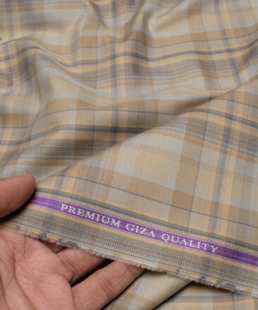 Soktas Men's  Giza Cotton Checks  Unstitched Shirting Fabric (Light Brown)