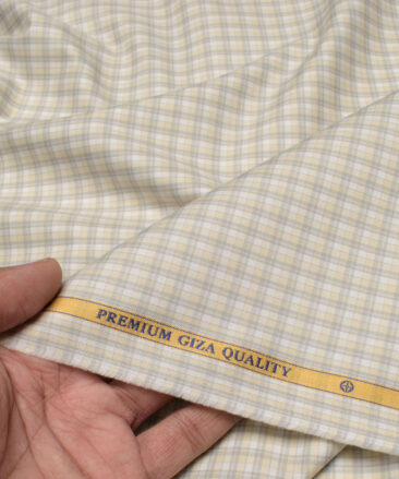 Soktas Men's  Giza Cotton Checks  Unstitched Shirting Fabric (White & Beige)