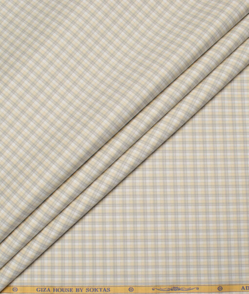 Soktas Men's  Giza Cotton Checks  Unstitched Shirting Fabric (White & Beige)