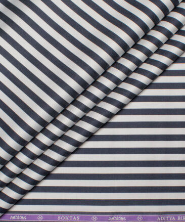 Soktas Men's  Giza Cotton Striped  Unstitched Shirting Fabric (White & Dark Blue)