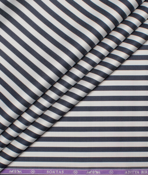 Soktas Men's  Giza Cotton Striped  Unstitched Shirting Fabric (White & Dark Blue)