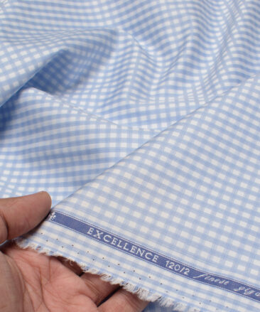 Soktas Men's 120/2 Giza Cotton Checks  Unstitched Shirting Fabric (White & Blue)