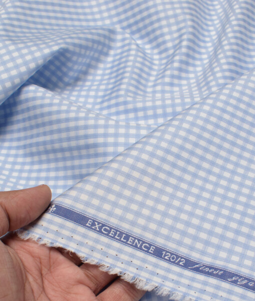 Soktas Men's 120/2 Giza Cotton Checks  Unstitched Shirting Fabric (White & Blue)