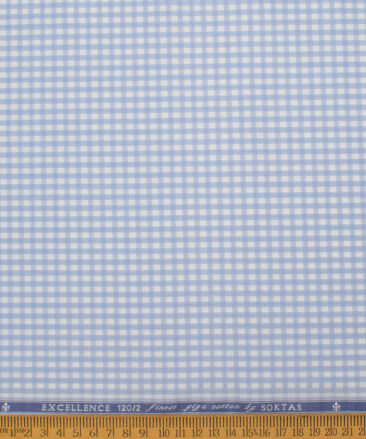 Soktas Men's 120/2 Giza Cotton Checks  Unstitched Shirting Fabric (White & Blue)