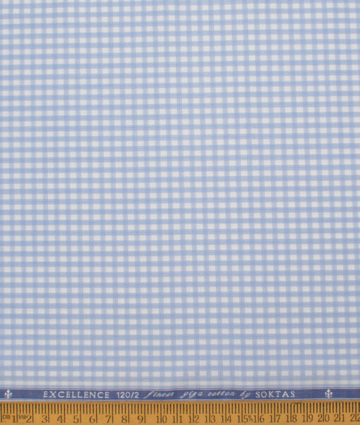 Soktas Men's 120/2 Giza Cotton Checks  Unstitched Shirting Fabric (White & Blue)