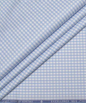 Soktas Men's 120/2 Giza Cotton Checks  Unstitched Shirting Fabric (White & Blue)