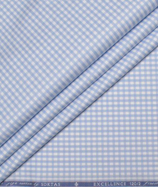 Soktas Men's 120/2 Giza Cotton Checks  Unstitched Shirting Fabric (White & Blue)