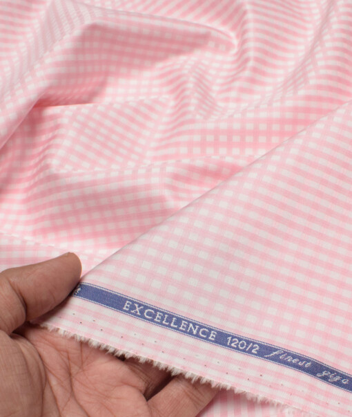 Soktas Men's 120/2 Giza Cotton Checks  Unstitched Shirting Fabric (White & Pink)