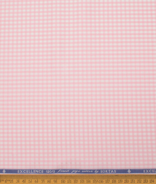 Soktas Men's 120/2 Giza Cotton Checks  Unstitched Shirting Fabric (White & Pink)