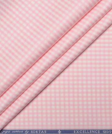 Soktas Men's 120/2 Giza Cotton Checks  Unstitched Shirting Fabric (White & Pink)