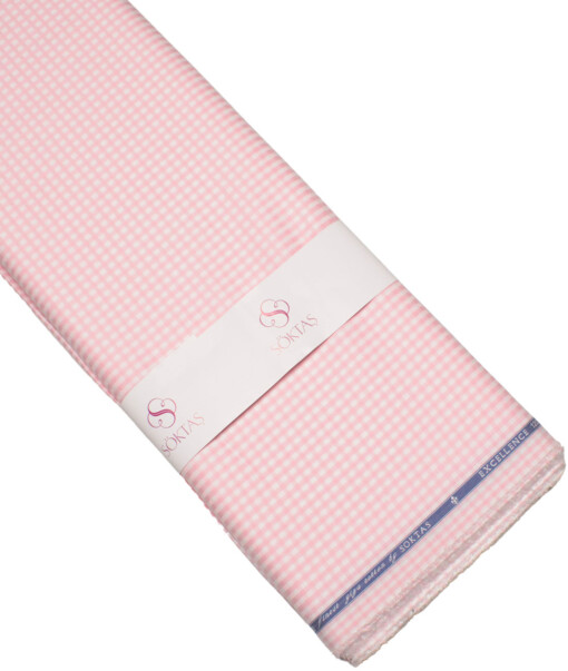 Soktas Men's 120/2 Giza Cotton Checks  Unstitched Shirting Fabric (White & Pink)