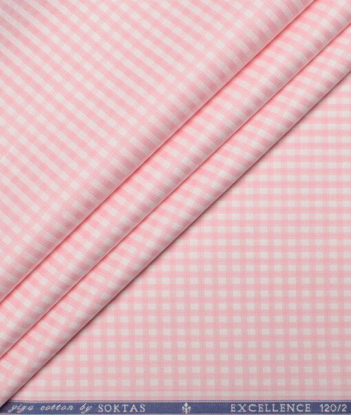 Soktas Men's 120/2 Giza Cotton Checks  Unstitched Shirting Fabric (White & Pink)