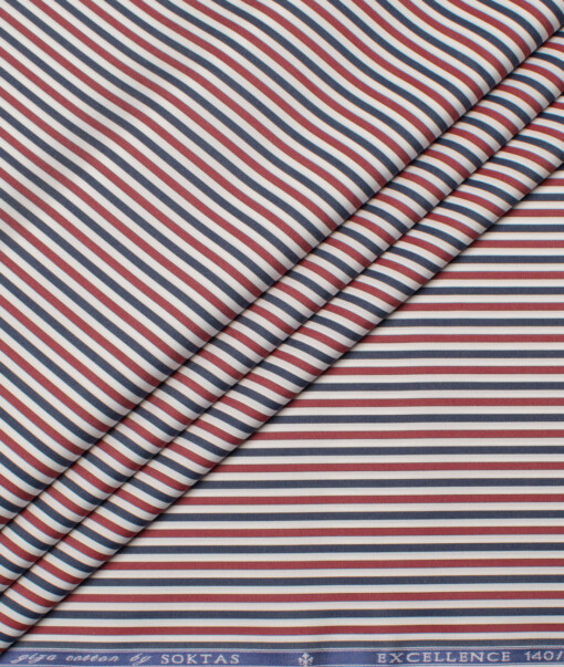 Soktas Men's 140/2 Giza Cotton Striped  Unstitched Shirting Fabric (White & Maroon)