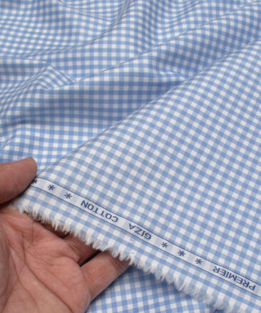 Premier Mills Men's  Giza Cotton Checks  Unstitched Shirting Fabric (White & Blue)