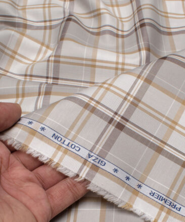 Premier Mills Men's  Giza Cotton Checks  Unstitched Shirting Fabric (White & Brown)