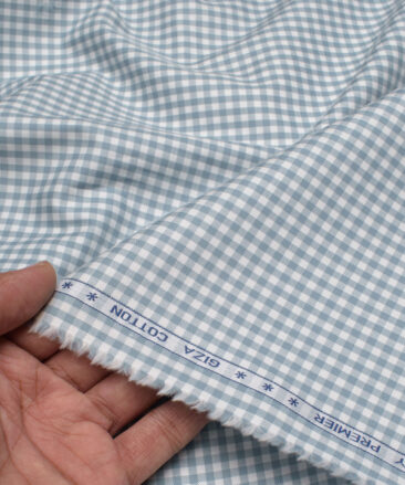 Premier Mills Men's  Giza Cotton Checks  Unstitched Shirting Fabric (White & Greyish Blue)