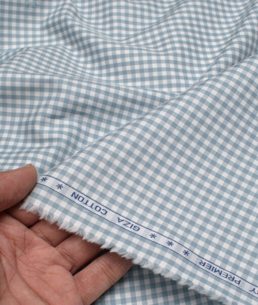 Premier Mills Men's  Giza Cotton Checks  Unstitched Shirting Fabric (White & Greyish Blue)