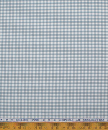 Premier Mills Men's  Giza Cotton Checks  Unstitched Shirting Fabric (White & Greyish Blue)