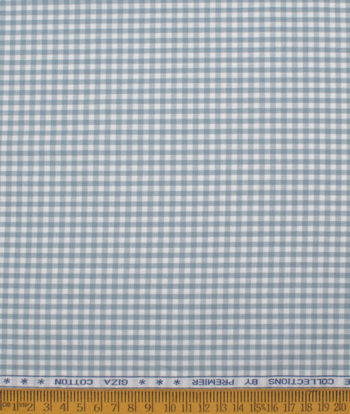 Premier Mills Men's  Giza Cotton Checks  Unstitched Shirting Fabric (White & Greyish Blue)