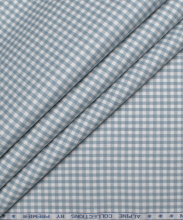 Premier Mills Men's  Giza Cotton Checks  Unstitched Shirting Fabric (White & Greyish Blue)